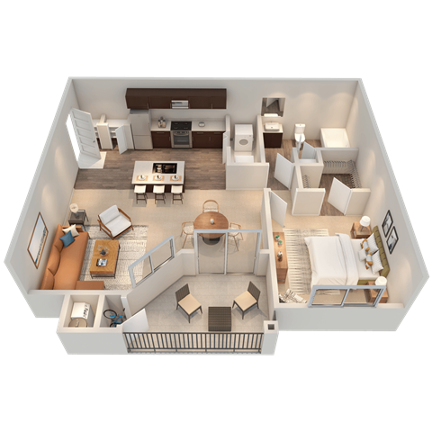 Floor plan for 1 bed, 1 bath, 849 sqft
